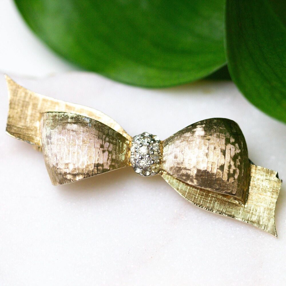 Vintage Jomaz Signed Pave Rhinestone Gold Bow Brooch Pin Designer Mazer